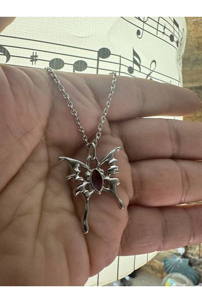 Herşey Nota Red Enamel Butterfly Gothic Unisex Necklace – 60 cm Chain, Rebellious and Elegant Design