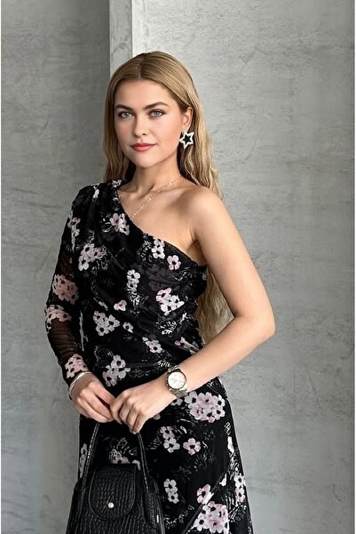 PNR WOMAN Dar Kalıp Eteği Asimetrik Tek Omuz Astarlı Çiçek Desen Tül Elbise