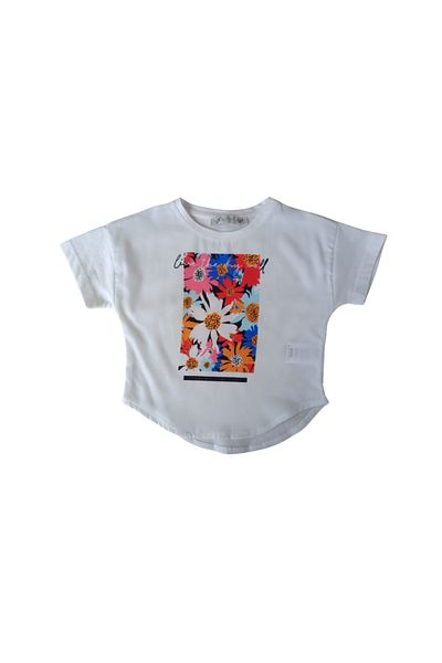 Escabel Girl's Stylish Floral Printed Front and Plain Back T-Shirt Ecru