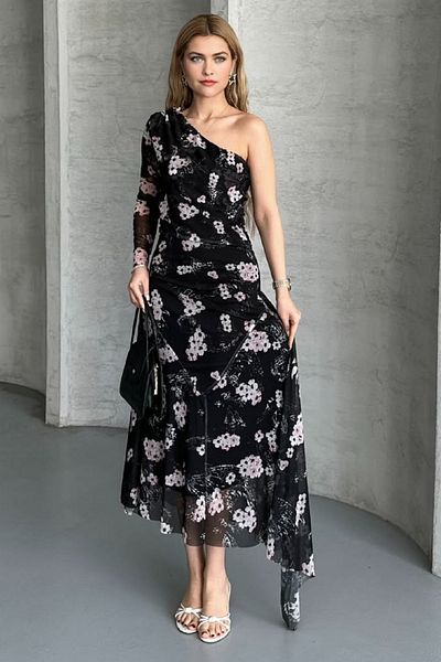 PNR WOMAN Tight Fit Skirt Asymmetrical One Shoulder Lined Floral Pattern Tulle Dress