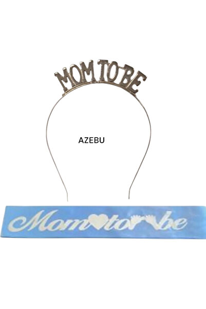 Azebu Mom To Be Metal Taç Ve Kuşak Baby Shower Set Mavi Gümüş Kuşak Gümüş Taç