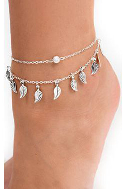 MODAELMAS1 خلخال على شكل ورقة شجرة بسلسلة فضية اللون لتعزيز أناقتك