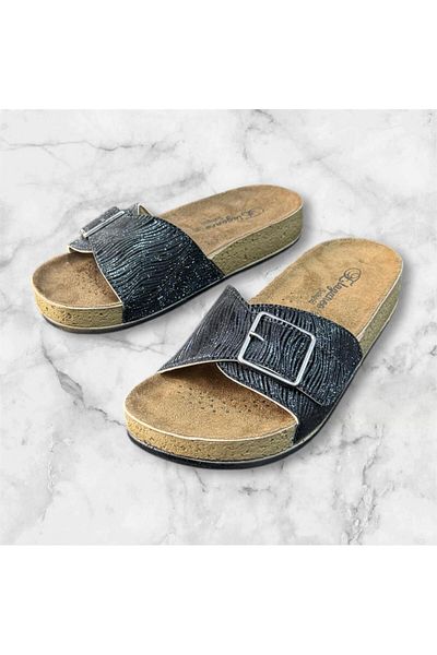 ŞAHGÜL Elegance Women's Twk Buckle Black Glitter Soft Orthopedic Sole Slippers