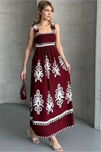 PNR WOMAN Long Viscose Gilet Dress with Square Neckline Straps and Gipsey Pattern on the Bust