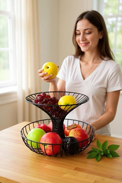 nilşah İki Katlı Sepet Meyvelik, Metal, 21,5x23x28cm