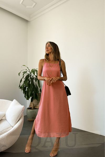 Qaju Pink Linen Dress with Rope Straps and Slits