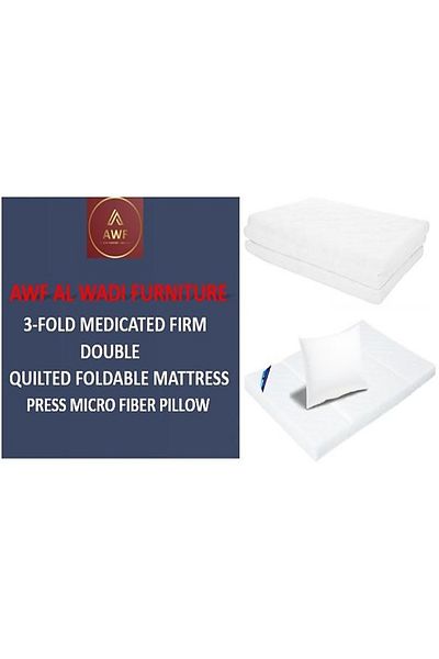 AWF AL WADI FURNITURE Sleep EZ Heavy Duty Double Medical Floral White Quilted Portable Tri-Folding Mattress with Pillow