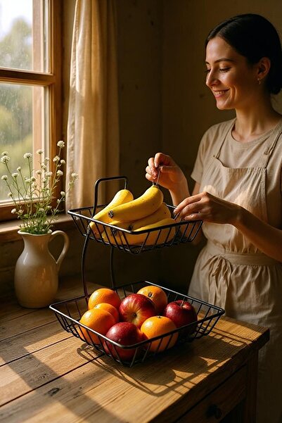 nilşah Dekoratif İki Katlı Metal Meyvelik, 31x20x25cm