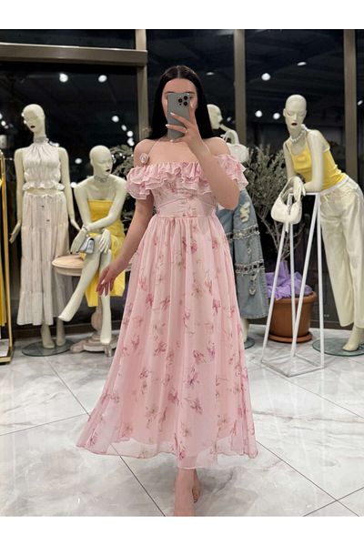 missswans Maya Button Detailed Floral Patterned Madonna Collar Chiffon Midi Dress Dusty Pink