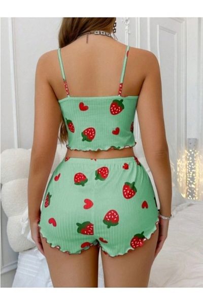 Ruselin Missayza Women's Strawberry and Heart Patterned Green Shorts Set
