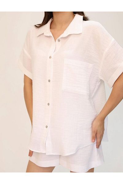 OTAKU Women's Linen Short Sleeve Shirt Shorts Set