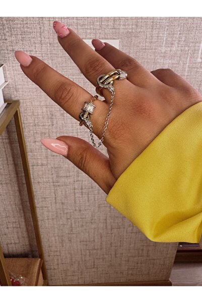 MOD10 Helen Jewerly Çelik zincir ve zirkon taş detaylı üçlü halka gold yüzük