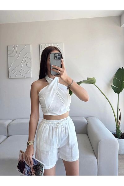 Zoom Butik Halter Shorts Double Set - White