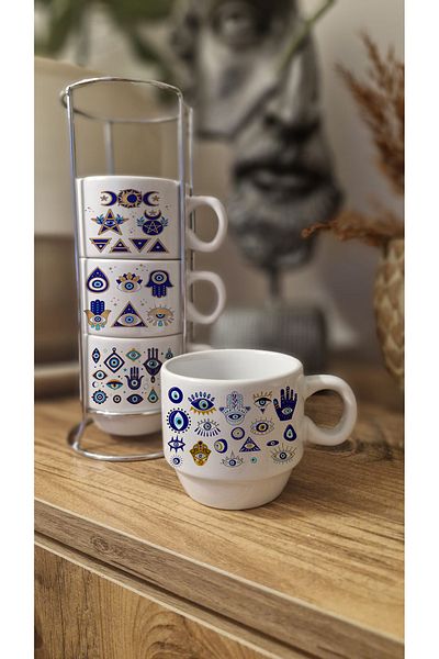 DİLAHOME Set of 4 Evil Eye Bead Patterned Porcelain Mug with Metal Stand - Coffee Tea Cup Mystic Design