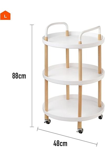Lawazim 3-Tier Round Side Table - White Mobile Bedside or Coffee Table with Wheels & Handles