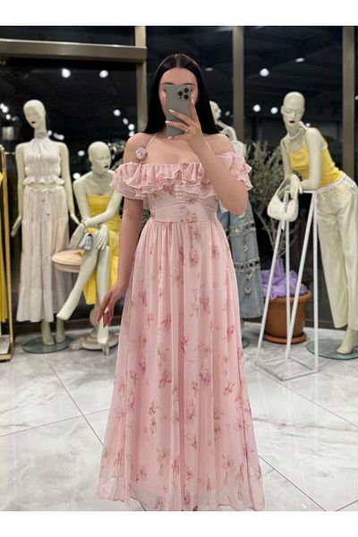 missswans Maya Button Detailed Floral Patterned Madonna Collar Chiffon Midi Dress Dusty Pink