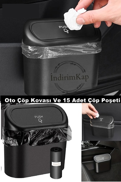 İndirimKap Oto Araba Çöp Kutusu Kapaklı Organizer Araç İçi Çöp Kovası Ve 15 A...