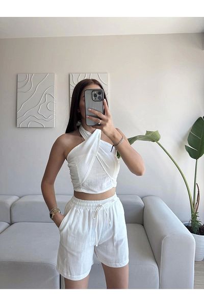 Zoom Butik Halter Shorts Double Set - White