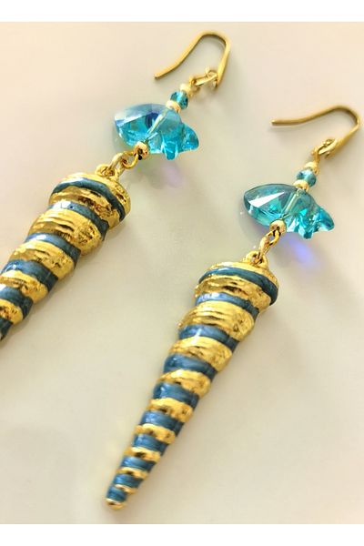 THİNBLACK Hanging Steel Earrings, Turquoise Glass Fish and Sea Minaret Figure