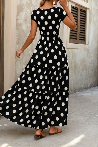 Simala Rochie maxi pentru femei, cu mâneci scurte, cu guler dublu, cu talie elastică