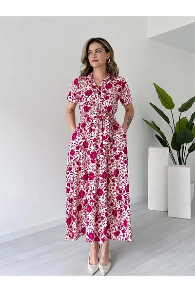 Dks Life Shirt Collar Floral Pattern Buttoned Waist Elastic Belted Pocket Long Viscose Dress