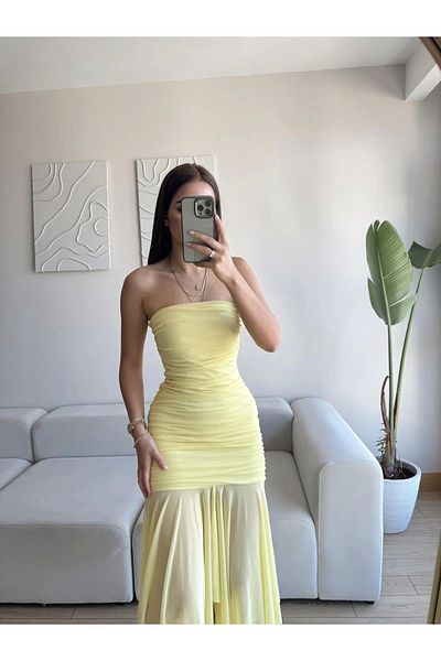 Zoom Butik Strapless Skirt Chiffon Dress - Yellow