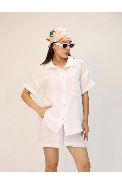 Gameyal Women's Linen Short Sleeve Shirt Shorts Set