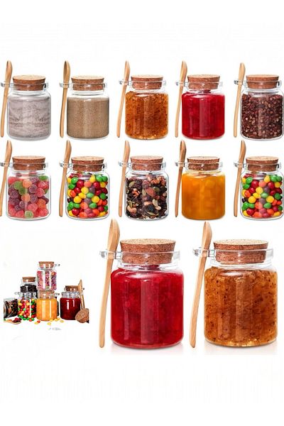 Yenigeldi 6Pcs 250ml Small Glass Storage Jars with Cork Lids and Spoons Y802