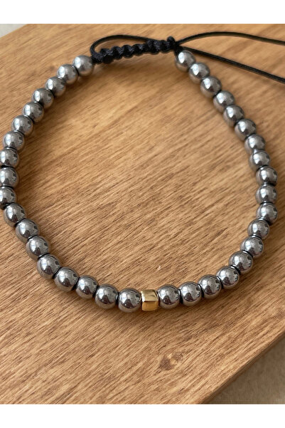 Rupen Kraft 14 Ayar Altın Küp Altın Detaylı Gümüş Renginde Hematit Taşlı Altın Bileklik