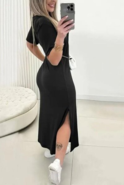 Mossta Short Sleeve Crew Neck Slit Basic Dress - Black