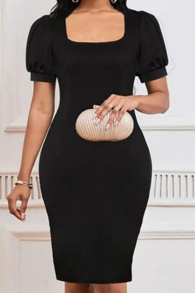 Mossta Square Neck Balloon Sleeves Imported Crepe Dress - Black