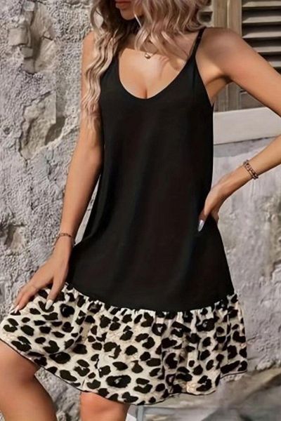Mossta Leopard Print Ruffle Mini Dress with Thin Straps - Black