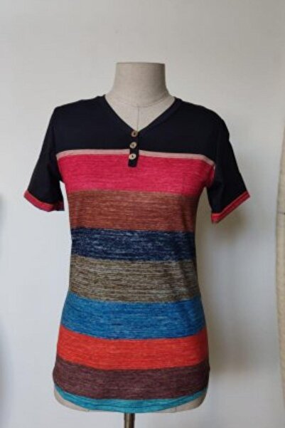 Mossta Color Block V-Neck Short Sleeve Single Jersey Blouse - Patterned