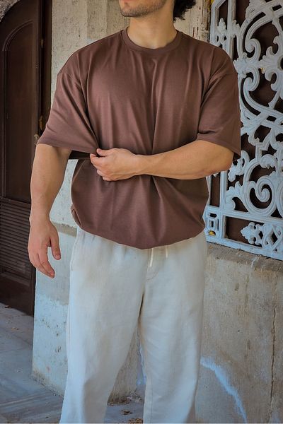 Liber Unisex καφέ oversize φαρδύ μπλουζάκι 100% βαμβακερό λαιμόκοψη Basic