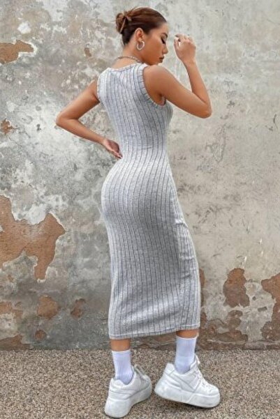 Mossta Φόρεμα μίντι μήκους με τετράγωνο γιακά καμιζόλα - Γκρι