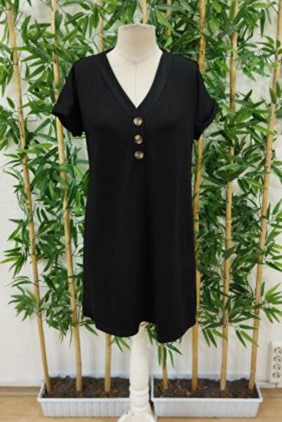 Mossta V-Neck Button Detail Short Sleeve Mini Dress - Black