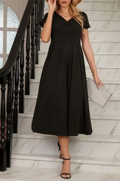 Mossta V-Neck Short Sleeve Midi Dress with Pleated Hem - Black