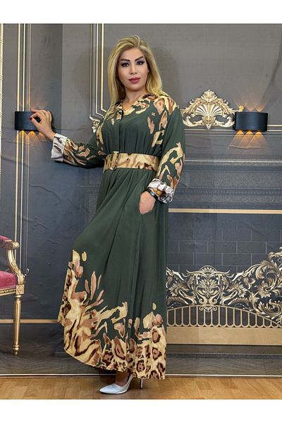 Yeşilmoda Hijab Dress, Belted, Floral Fabric, Long Sleeve, Belted, Summer, Cotton, Maxi, Casual, Green