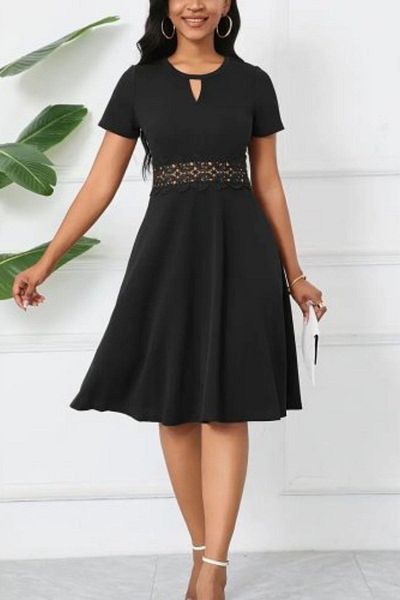 Mossta Round Neck Waist Detailed Crepe Dress - Black