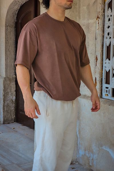 Liber Unisex καφέ oversize φαρδύ μπλουζάκι 100% βαμβακερό λαιμόκοψη Basic