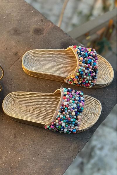 Pienn Women's Colorful Beaded Summer Slippers