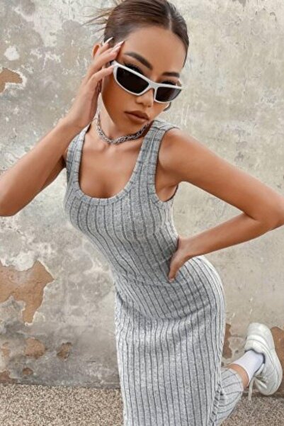 Mossta Φόρεμα μίντι μήκους με τετράγωνο γιακά καμιζόλα - Γκρι