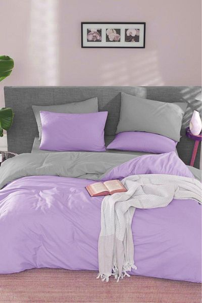 Çeyiz Diyarı Natural Double Sided Double Duvet Cover Set Gray Lilac