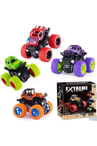 TOYBY مجموعة من 4 سيارات لعب تعمل بالاحتكاك للأولاد من عمر 2 إلى 3 سنوات، مجموعة ألعاب سيارات مونستر شاحنات إنيرشيا، لعبة بهلوانية