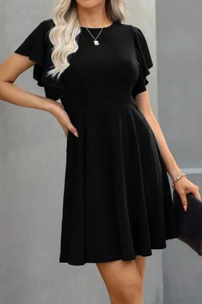 Mossta Crew Neck Flounce Sleeve Detailed Crepe Dress - Black