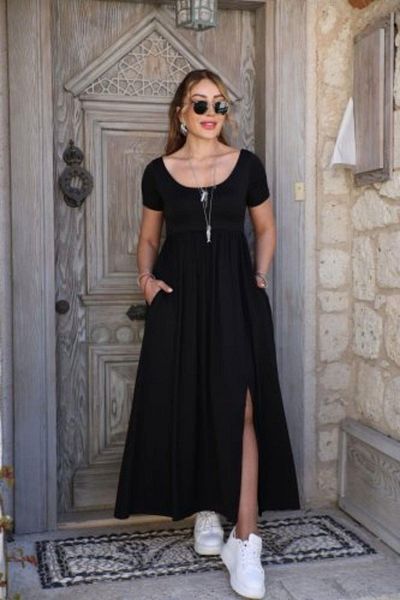Mossta Short Sleeve Round Neck Slit and Pocket Viscose Dress - Black