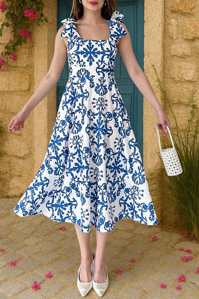 MILANOFOX Rochie de scuba pentru femei cu model albastru cu fundita pe umeri - Rochie midi elegantă de vară
