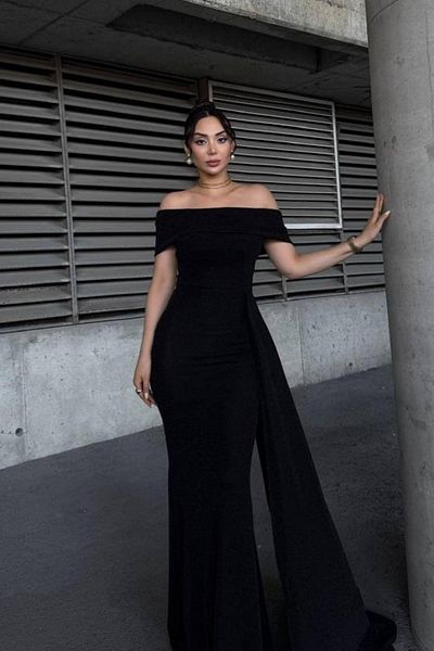 Mossta Madonna Collar Tailed Glitter Evening Dress - Black