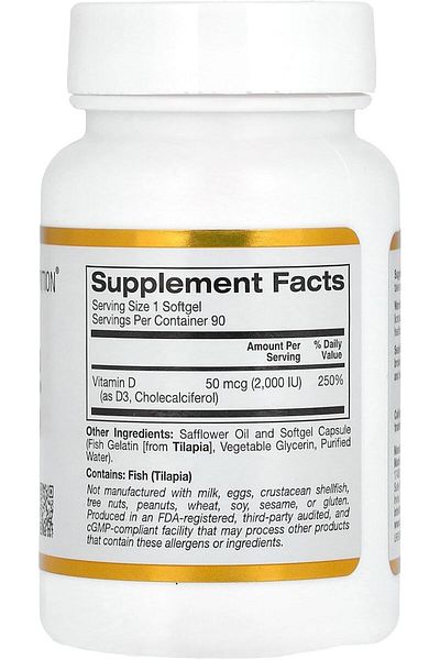 California Gold Nutrition Vitamin D3, 50 Mcg (2,000 Iu), 90 Fish Gelatin Softgels