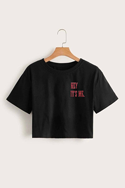 GRİLAND Women's Black Hey It's Me Printed Crop Lycra Cotton Slim Fit Short Crop